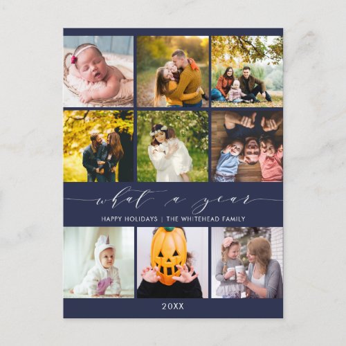 Modern What a Year Navy Blue Photo Collage Holiday Postcard
