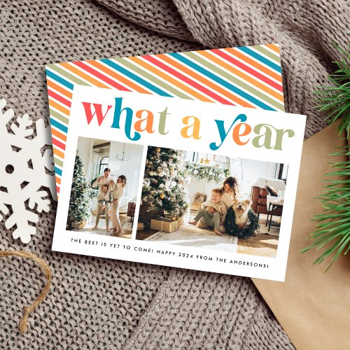 Modern What a Year Retro Colorful 2 Photo Holiday Card