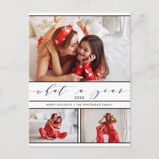 Modern What a Year White 3 Photo Collage Holiday Postcard (Front)