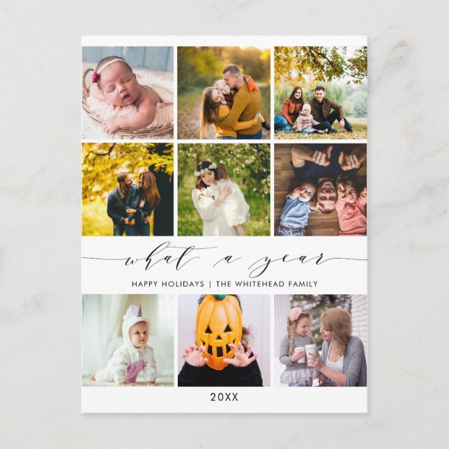 Modern What a Year White Photo Collage Holiday Postcard (Front)
