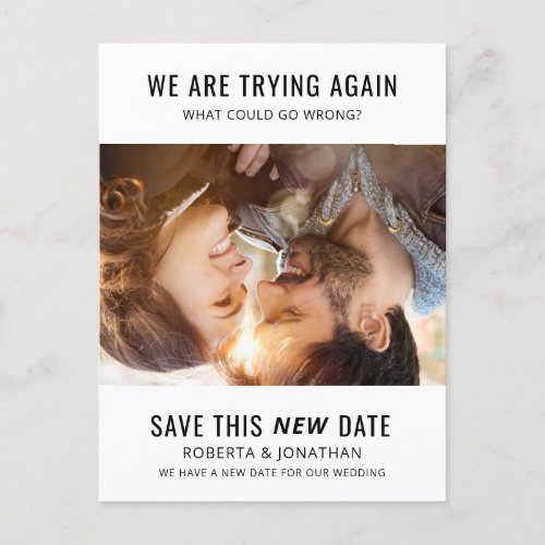 Modern What Could Go Wrong Rescheduled Wedding Announcement Postcard