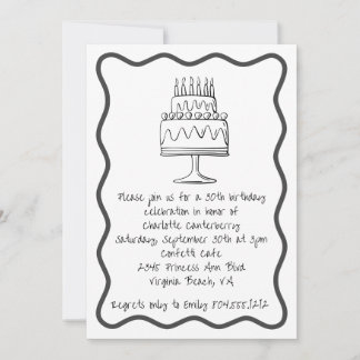 Modern Whimsical Birthday Cake Doodle Party Invitation