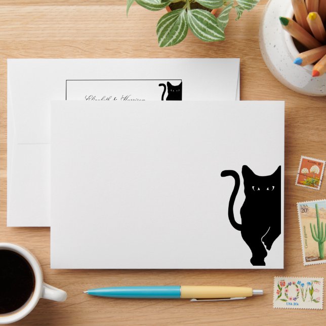Modern Whimsical Black Cat Wedding Envelope (Desk)