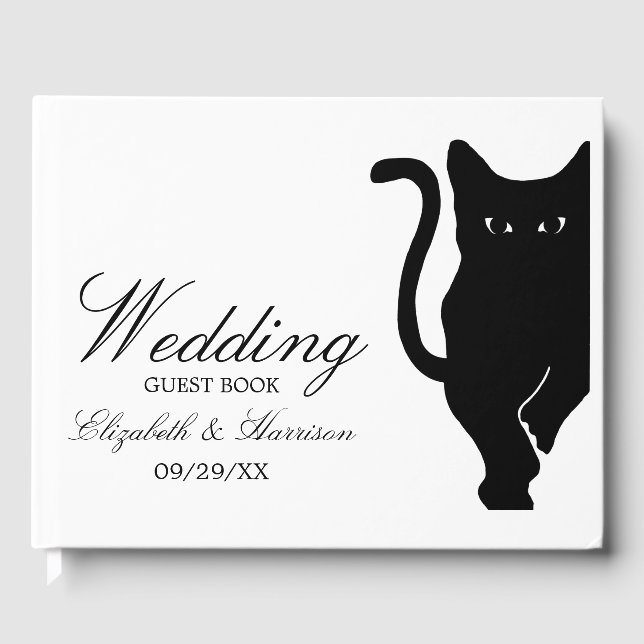 Modern Whimsical Black Cat Wedding Guest Book (Front)