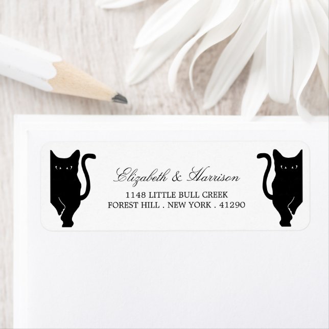 Modern Whimsical Black Cat Wedding Label (Insitu)