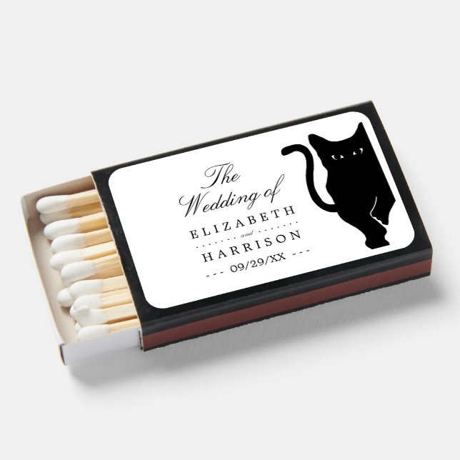 Modern Whimsical Black Cat Wedding Matchboxes (Front Open)