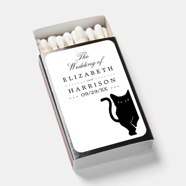 Modern Whimsical Black Cat Wedding Matchboxes (Front Open)