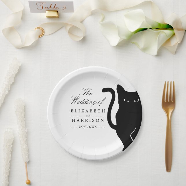Modern Whimsical Black Cat Wedding Paper Plates (Wedding)