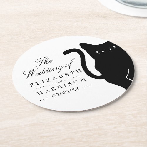 Modern Whimsical Black Cat Wedding Round Paper Coaster