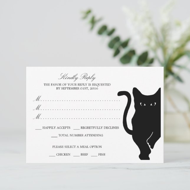 Modern Whimsical Black Cat Wedding RSVP Card (Standing Front)