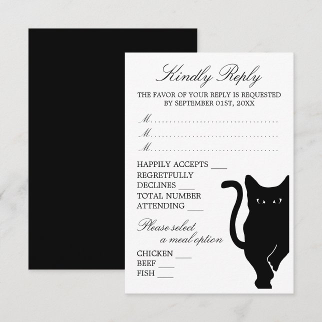 Modern Whimsical Black Cat Wedding RSVP Card (Front/Back)