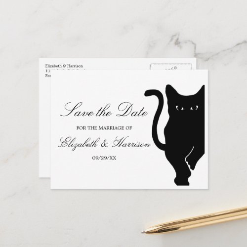 Modern Whimsical Black Cat Wedding Save The Date Announcement Postcard