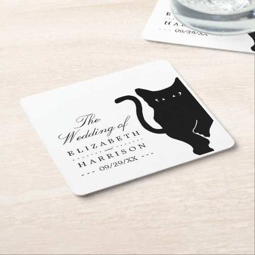 Modern Whimsical Black Cat Wedding Square Paper Coaster