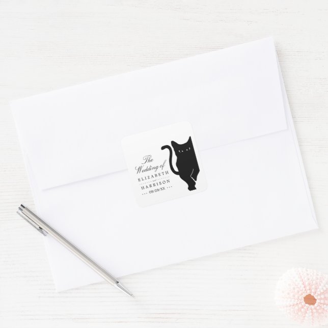 Modern Whimsical Black Cat Wedding Square Sticker (Envelope)