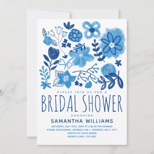 Modern Whimsical Blue Flowers White Bridal Shower Invitation