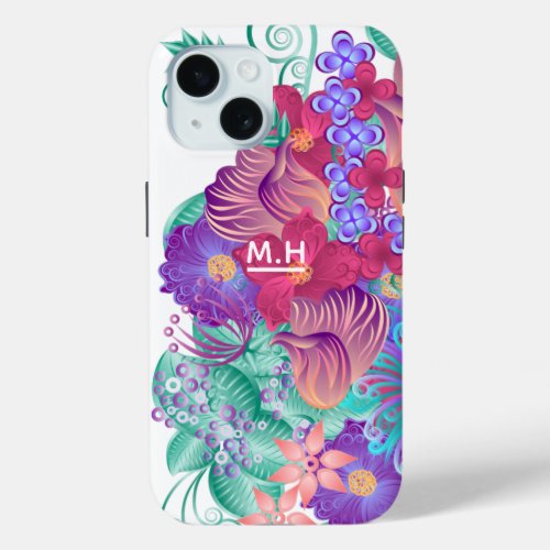 Modern Whimsical Botanical Art Monogram iPhone 15 Case