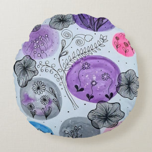 Modern Whimsical Botanical Round Throw Pillow