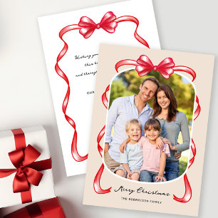 Modern Whimsical Bow Curved Photo Christmas Holiday Card