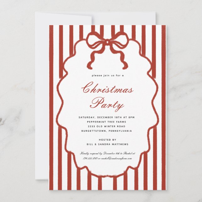 Modern Whimsical  Bow Illustrated Christmas Party  Invitation (Front)