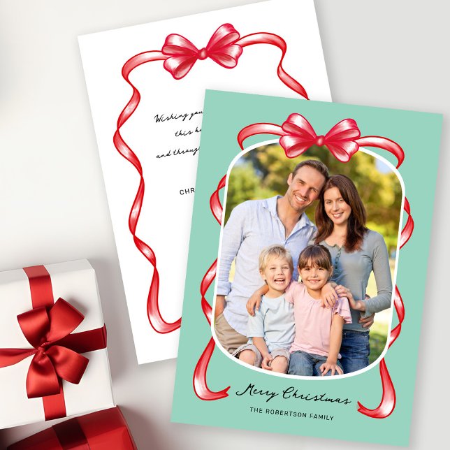 Modern Whimsical Bow Vertical Photo Christmas Holiday Card (Creator Uploaded)