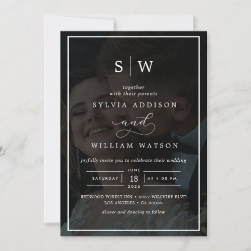 Modern Whimsical Calligraphy Overlay Photo Wedding Invitation