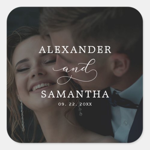 Modern Whimsical Calligraphy Overlay Photo Wedding Square Sticker