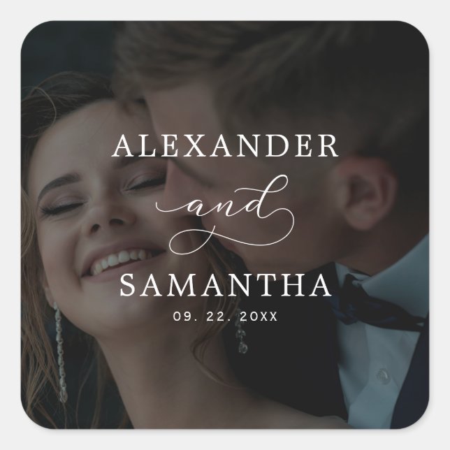 Modern Whimsical Calligraphy Overlay Photo Wedding Square Sticker (Front)