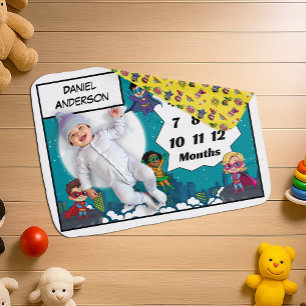 Modern Whimsical Cartoon Superhero Comic Milestone Baby Blanket