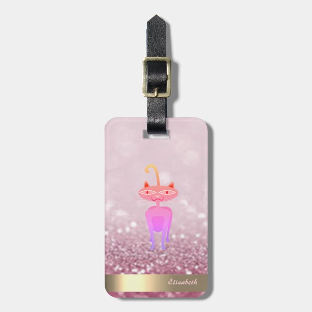 Modern Whimsical Cat Glitter Bokeh - Personalized Luggage Tag (Front Vertical)