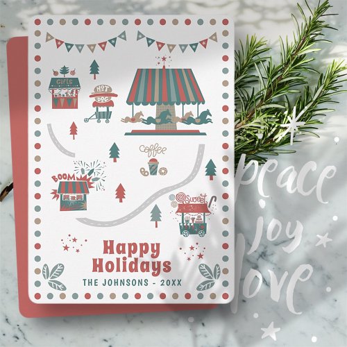 Modern Whimsical Christmas Carnival Market Holiday Card