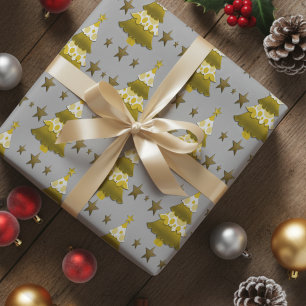 Modern Whimsical Christmas Trees & Gold Stars Wrapping Paper