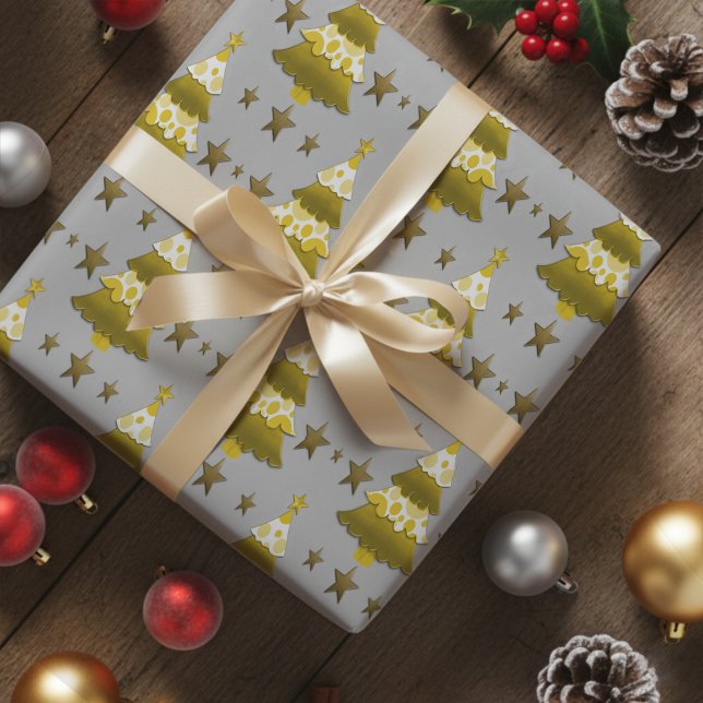 Modern Whimsical Christmas Trees & Gold Stars Wrapping Paper (Silver and gold Christmas wrapping paper with trees in a fun unique design.)