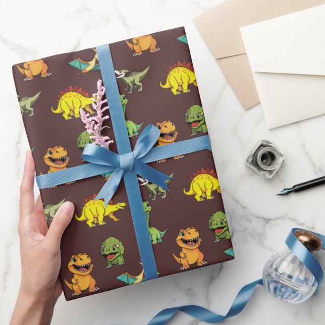 Modern Whimsical Colorful Cartoon Dinosaur Pattern Wrapping Paper (Gifting)