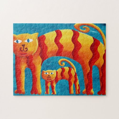 Modern Whimsical Colorful Curved Cat and Kitten  Jigsaw Puzzle