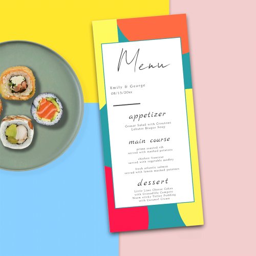 Modern Whimsical Colorful Groovy Abstract Wedding Menu