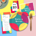 Modern Whimsical Colorful Groovy Abstract Wedding Paper Plates<br><div class="desc">This modern wedding paper plate features retro calligraphy on a groovy abstract arches background! This paper plate is perfect for couples who want to add a touch of fun and personality to their wedding reception decor while also providing a practical and easy-to-use dining option for their guests. Our artistic design...</div>