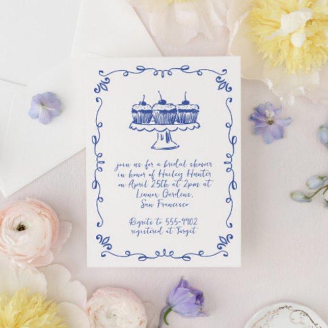 Modern Whimsical Cupcake Doodle Bridal Shower Invitation (Creator Uploaded)