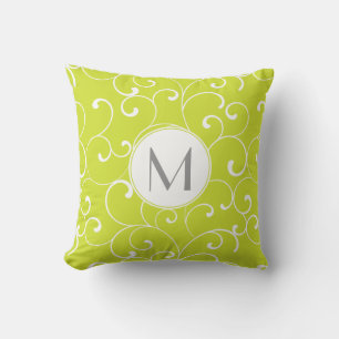 Modern Whimsical Curls Lime Green Mongram Throw Pillow