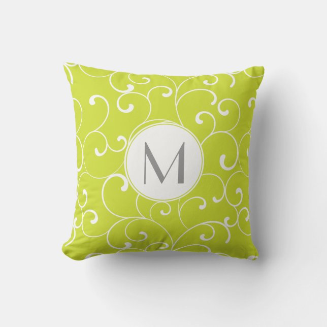 Modern Whimsical Curls Lime Green Mongram Throw Pillow (Front)