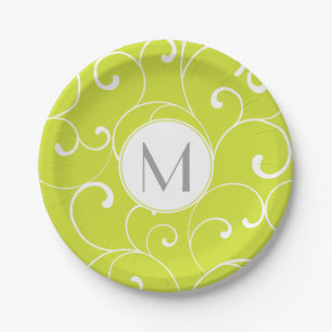 Modern Whimsical Curls Lime Green Monogram Paper Plates