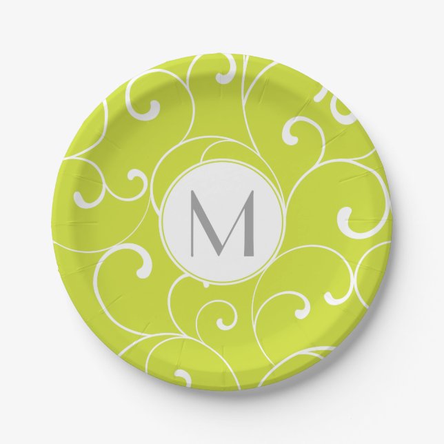 Modern Whimsical Curls Lime Green Monogram Paper Plates (Front)