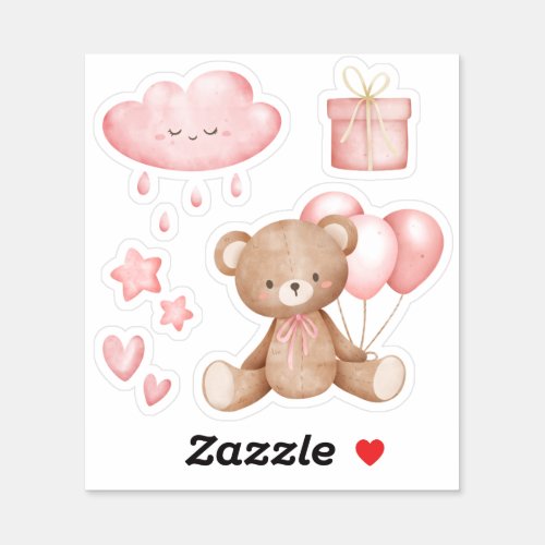 Modern Whimsical Cute Pink Watercolor Teddy Bear  Sticker