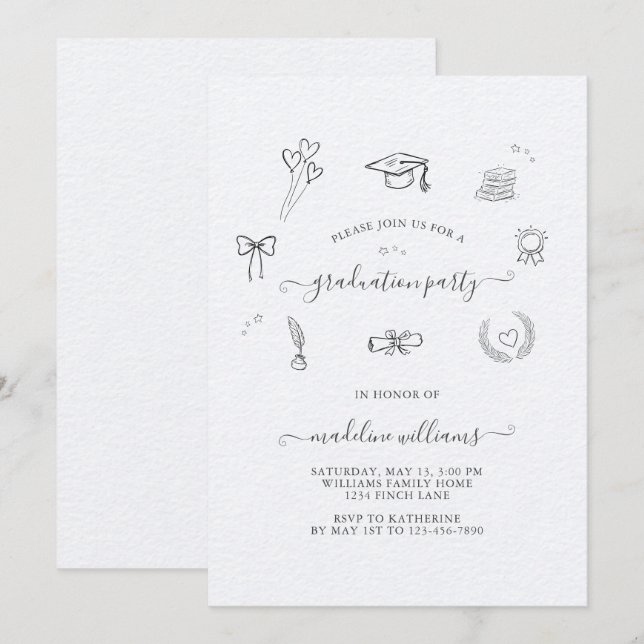Modern Whimsical Doodle Graduation Party  Invitation (Front/Back)