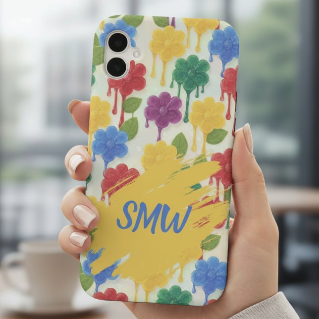 Modern Whimsical – Dripping Flower Monogram iPhone Case (Dripping Gummy Flowers & Monogram iPhone Case)