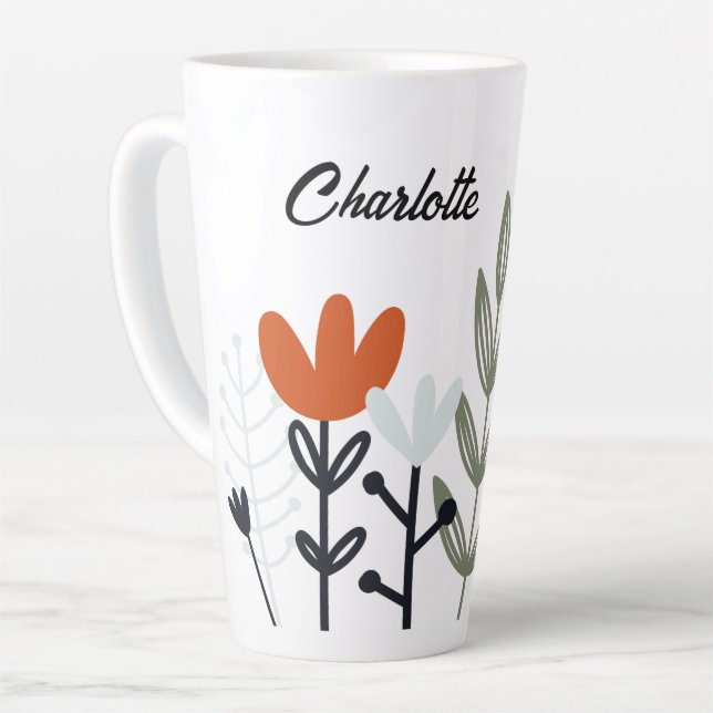 Modern Whimsical Floral Personalized Name Latte Mug (Left Angle)