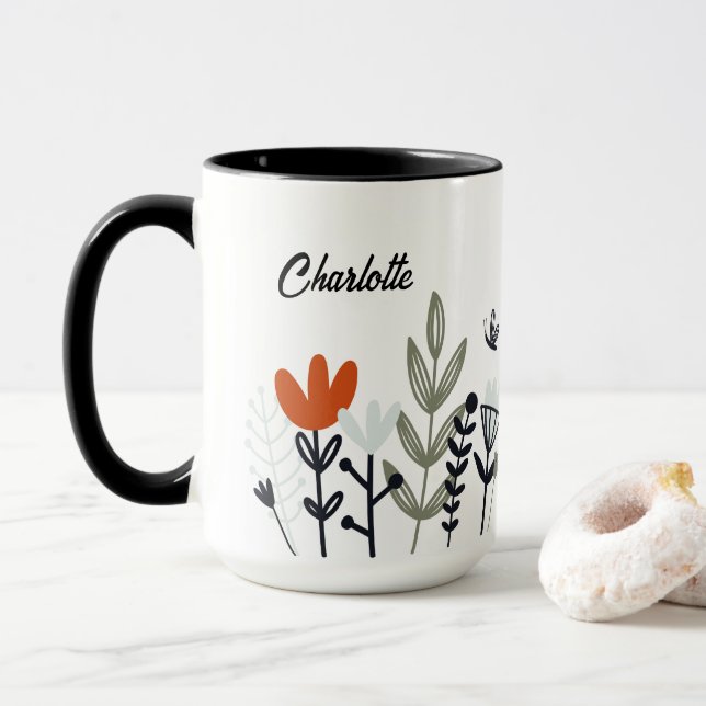 Modern Whimsical Floral Personalized Name Mug (With Donut)