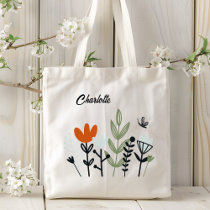 Modern Whimsical Floral Personalized Name Tote Bag
