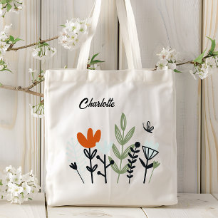 Modern Whimsical Floral Personalized Name Tote Bag