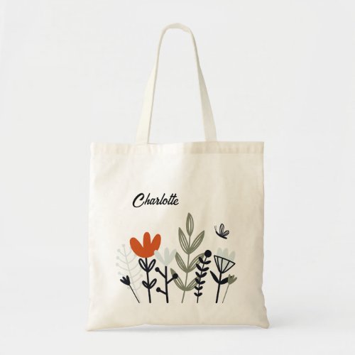 Modern Whimsical Floral Personalized Name Tote Bag