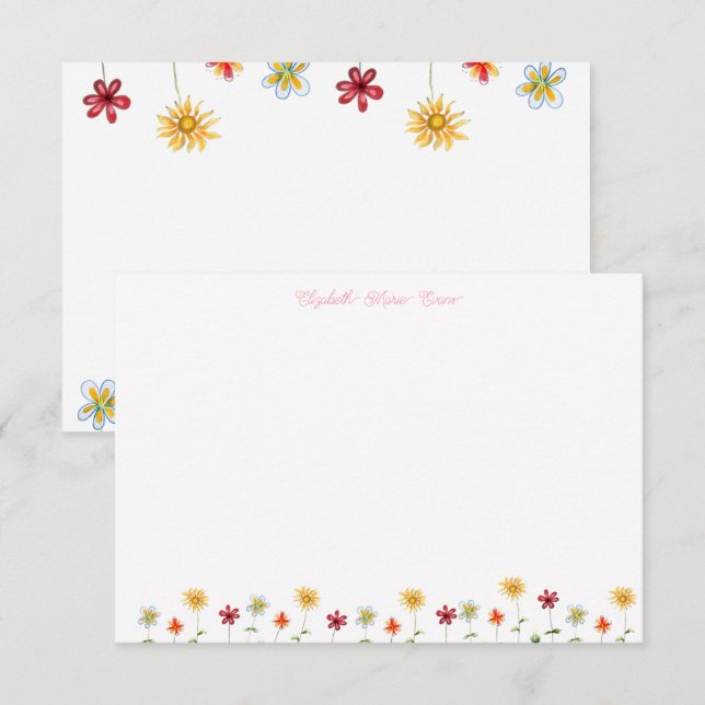 Modern Whimsical Flowers Pink Yellow Girly Note Thank You Card (Front/Back)